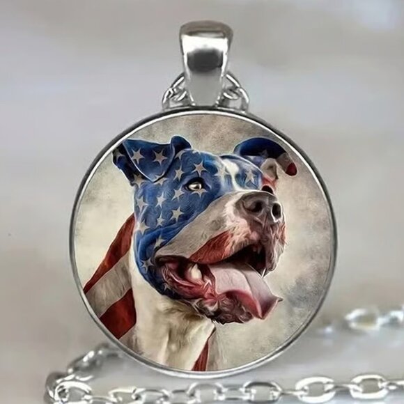Silver PIT BULL DOG Glass Cabochon Pendant Necklace - Picture 1 of 3